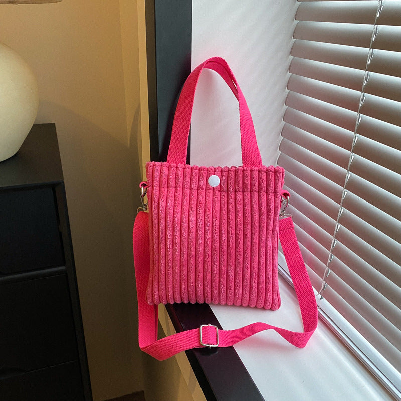 Corduroy Bucket Bag - Solid Color Crossbody Shoulder Bag with 3D Pocket