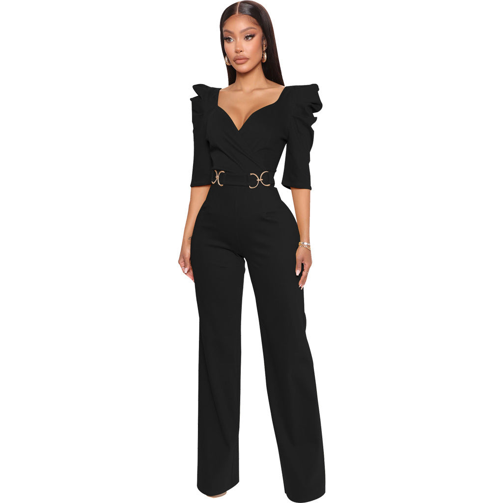 Long Sleeve V-Neck Wide Leg Jumpsuit - Women's Elegant One Piece