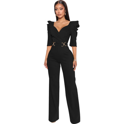 Long Sleeve V-Neck Wide Leg Jumpsuit - Women's Elegant One Piece