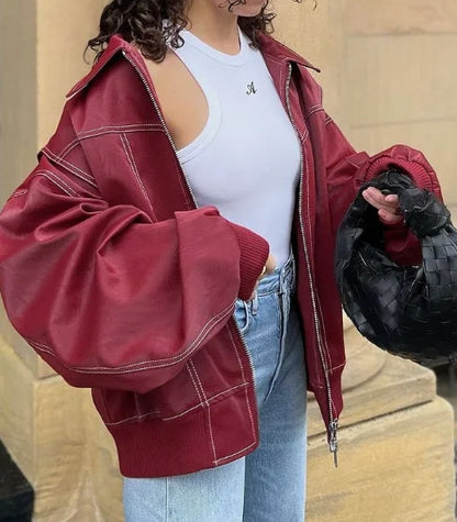 Women's Chenille Moto Biker Jacket - Loose Fit Lapel Zip-Up Jacket with Long Sleeves