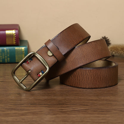 Men's Premium Genuine Leather Belt with Copper Pin Buckle - Classic Retro Style