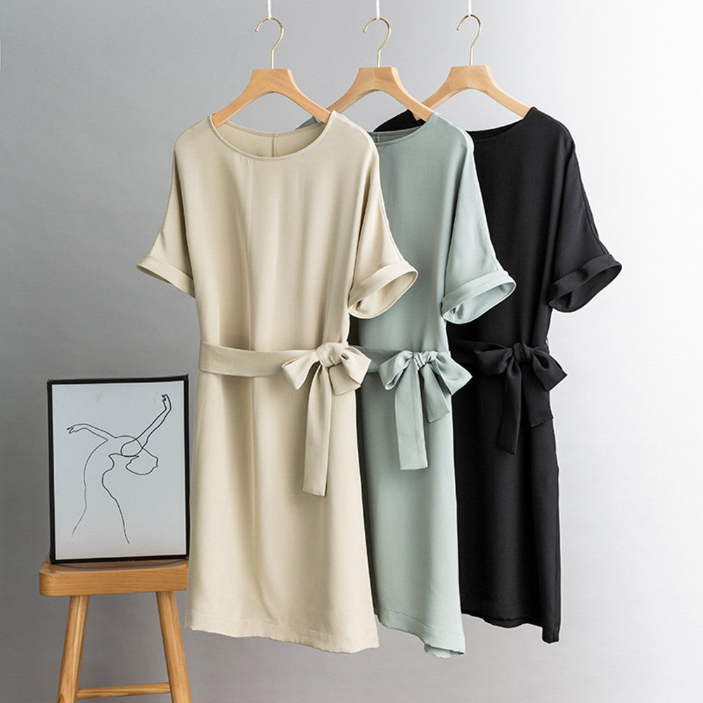 Heavyweight Silk Lace-Up Dress - V-neck Short Sleeve Midi Dress