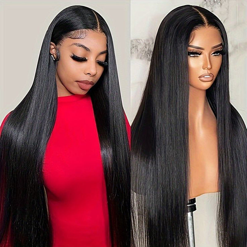 13x4 Straight Lace Front Human Hair Wig - Hand-Woven with Center Part Bangs