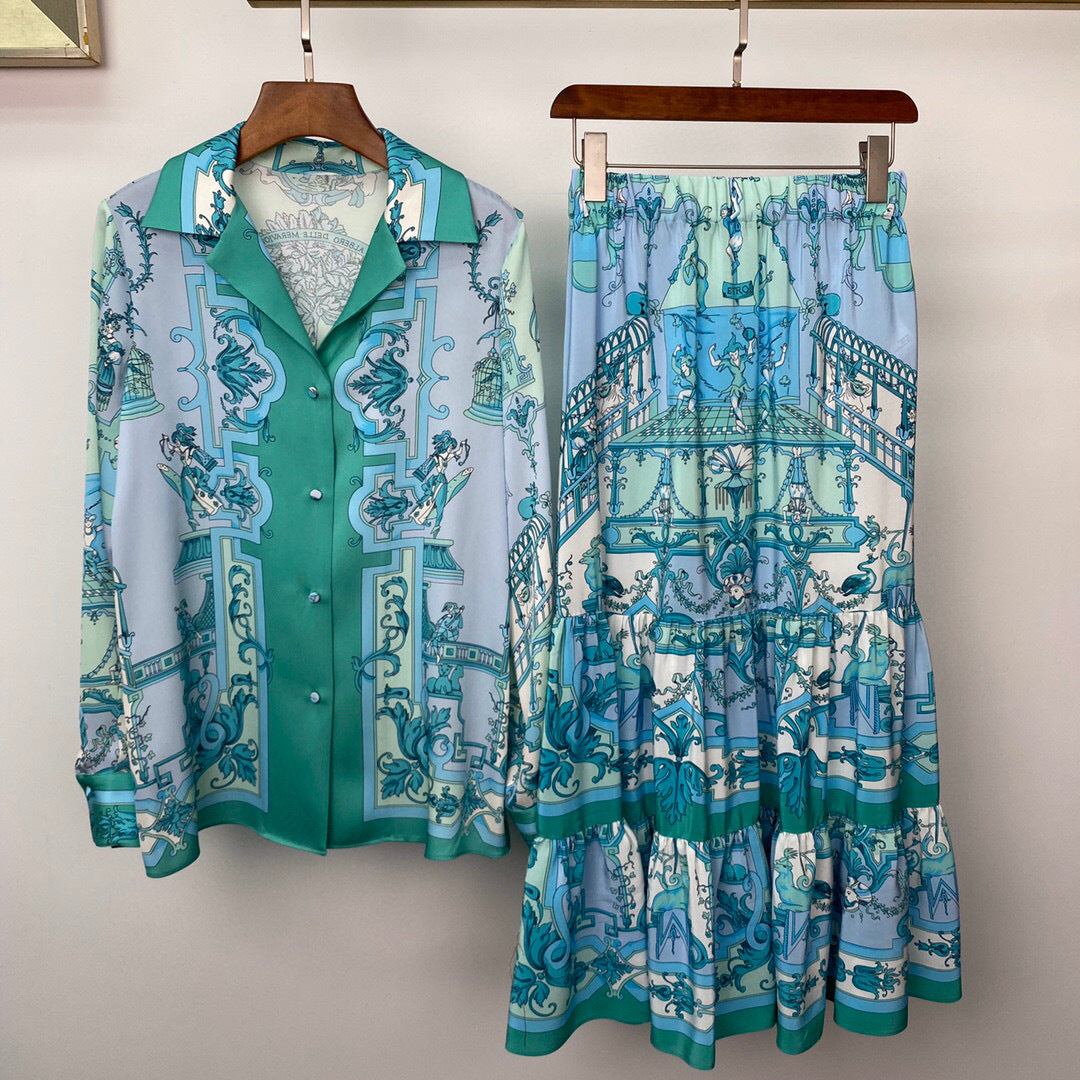 Elastic Waist Silk Print Tiered Skirt
