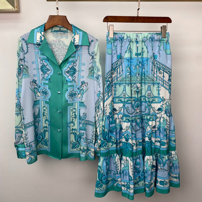 Elastic Waist Silk Print Tiered Skirt