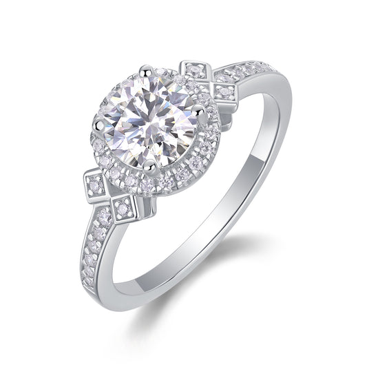 1 Carat Moissanite Sterling Silver Ring - Platinum Plated Wedding Band