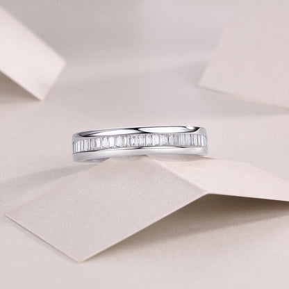 Square Moissanite Sterling Silver Ring Set - Platinum Plated Wedding Band