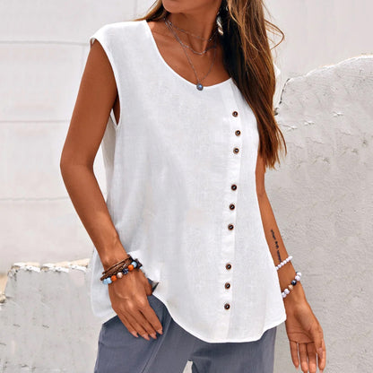 Women's Linen Blend Sleeveless Top - Asymmetric Button Detail