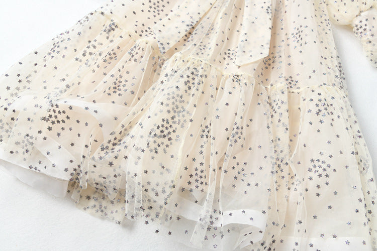 Women's Starlit Mesh Silk Wrap Dress - Shimmering Star Print Evening Dress with Metallic Accents