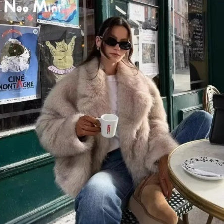 Women's Faux Fur Coat with Collar - Short Length Jacket