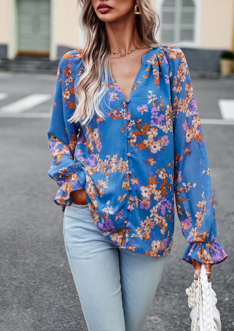 Women's Floral Print V-Neck Chiffon Blouse - Long Sleeve Casual Top