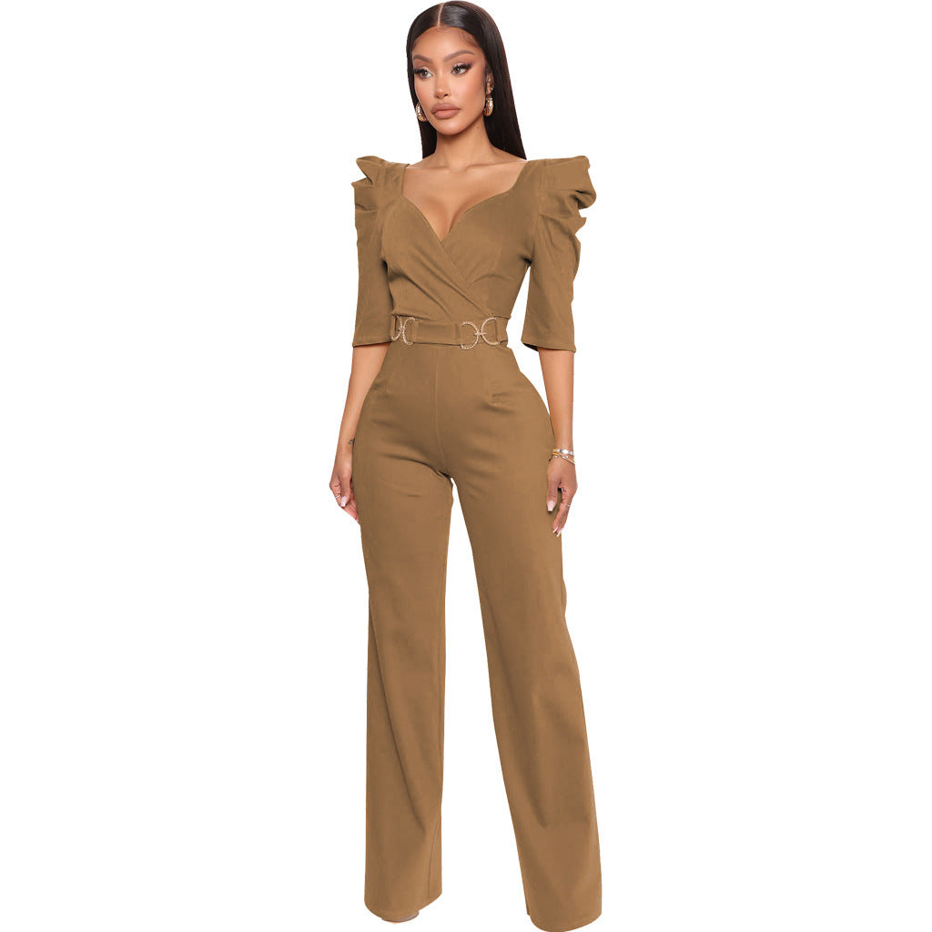 Long Sleeve V-Neck Wide Leg Jumpsuit - Women's Elegant One Piece