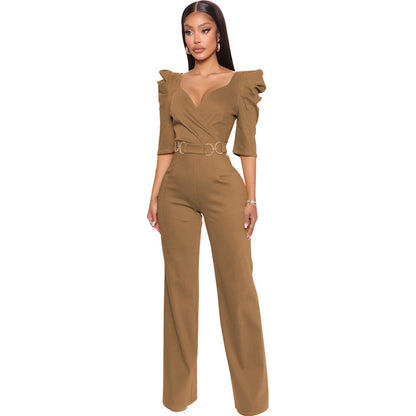 Long Sleeve V-Neck Wide Leg Jumpsuit - Women's Elegant One Piece