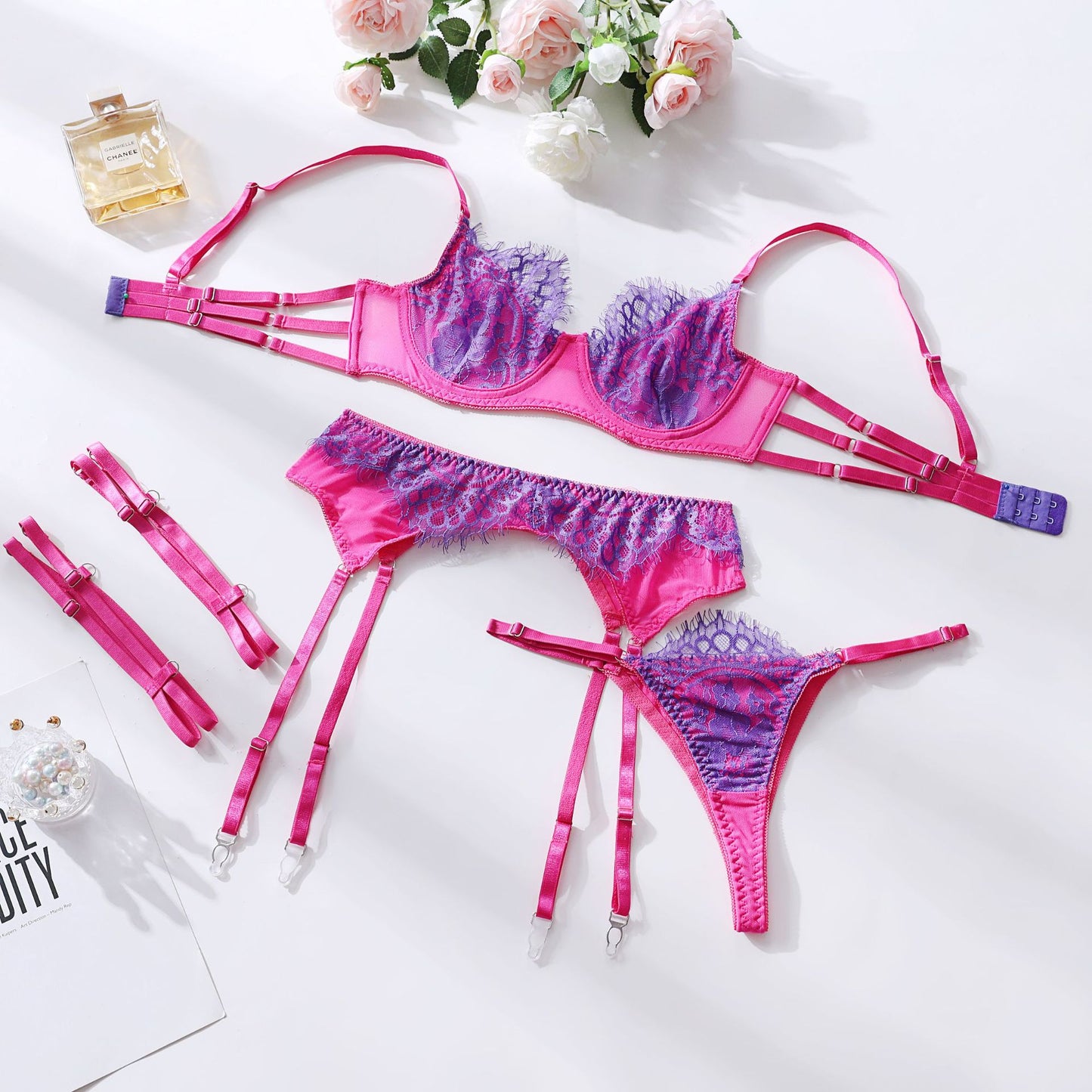 Women's Lace Mesh Lingerie Set - Three-Piece Bra and Panty Collection
