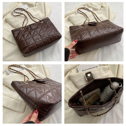 Quilted Chain Shoulder Bag - Trapezoid PU Leather Crossbody with Diamond Pattern