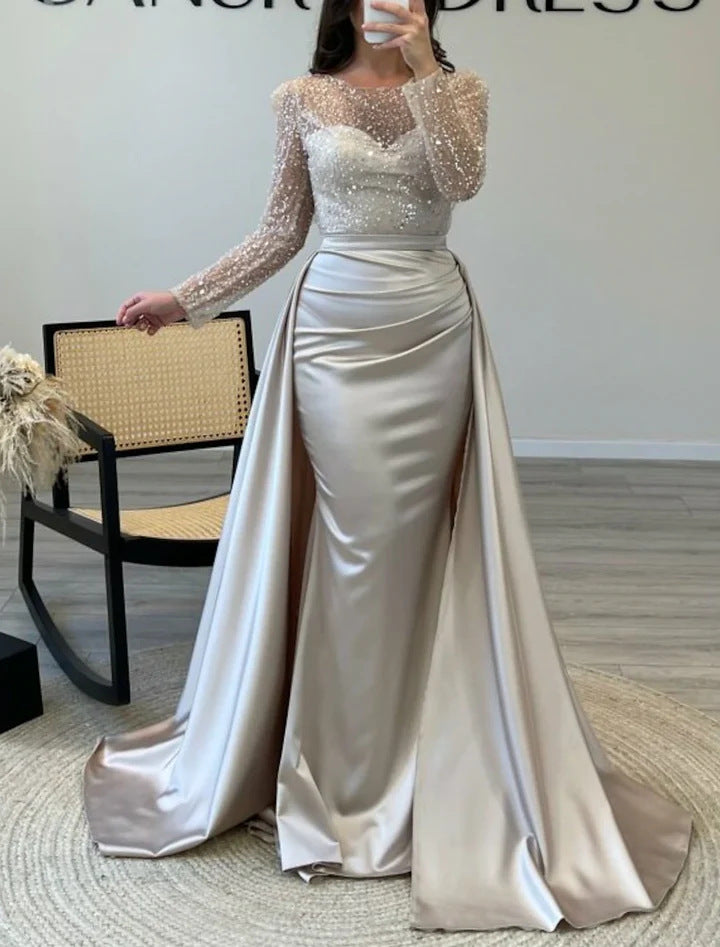 Sequin Long Sleeve Flared Hem Maxi Evening Gown | Elegant Formal Dress