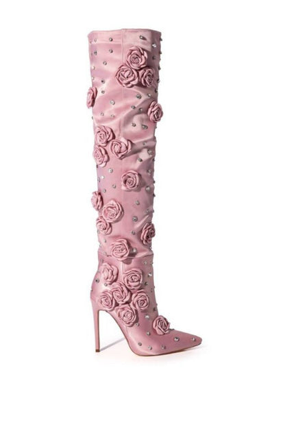 Silk Cloth Over-the-Knee Boots with Rivet Rose Detail - Stiletto Heel