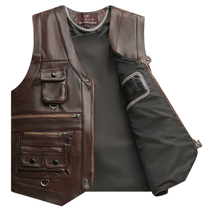Genuine Leather Vest - Men's First Layer Cowhide Motorcycle Waistcoat