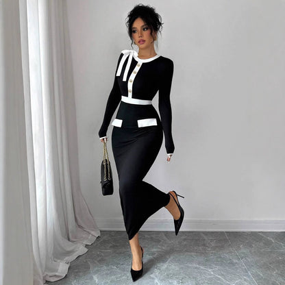 Women's Black and White Color-Block Dress - Long Sleeve Patchwork Pullover