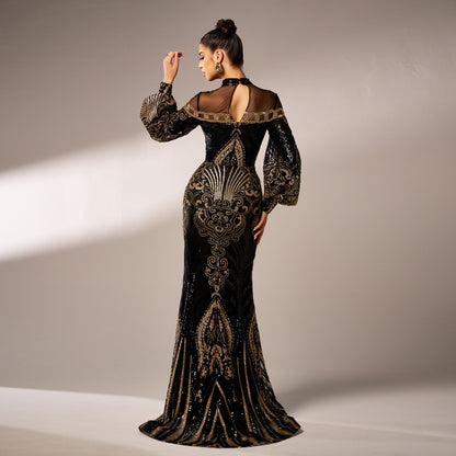 Women's Long Sleeve Sequin Mesh Fishtail Evening Gown – Round Neck Slim Fit Maxi Dress