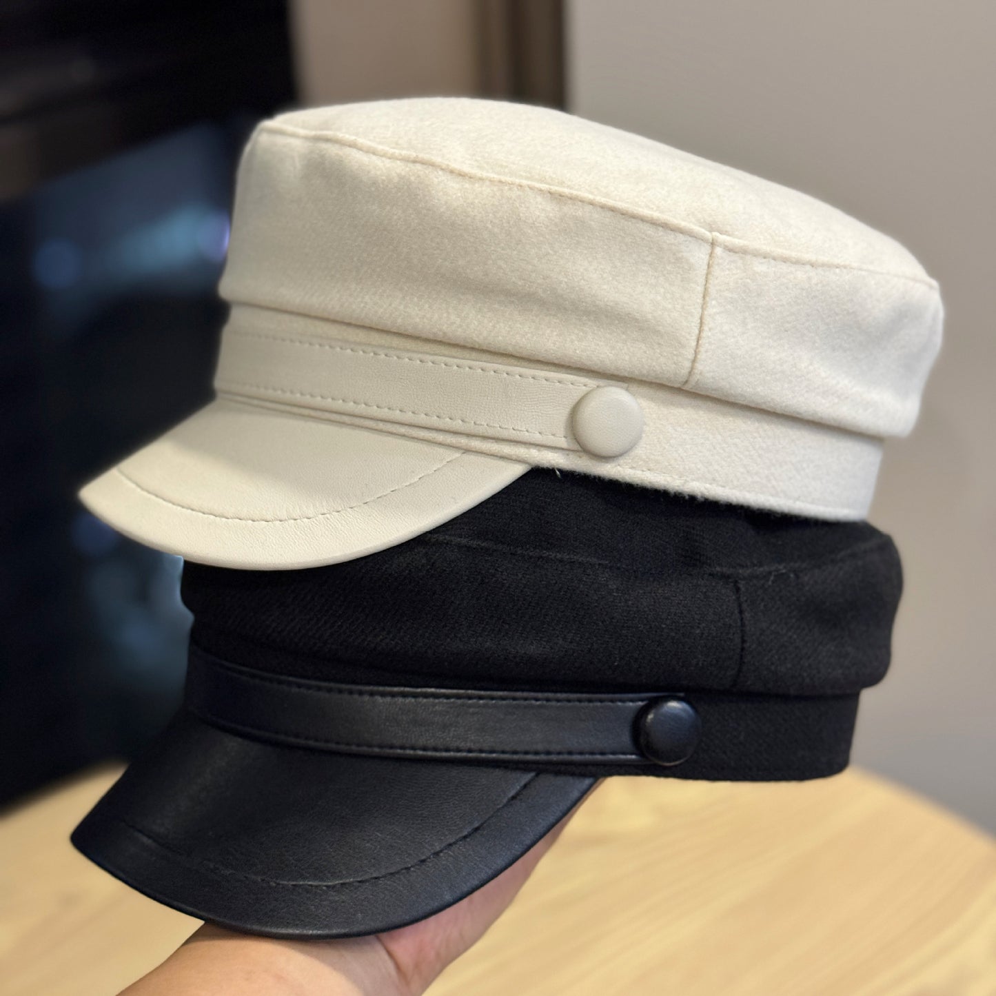Retro PU Leather Flat-Top Wool Hat - Adjustable Winter Cap