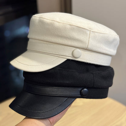Retro PU Leather Flat-Top Wool Hat - Adjustable Winter Cap