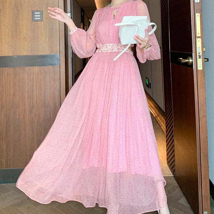 Floral Silk Maxi Dress - V-neck Long Sleeve Swing Dress