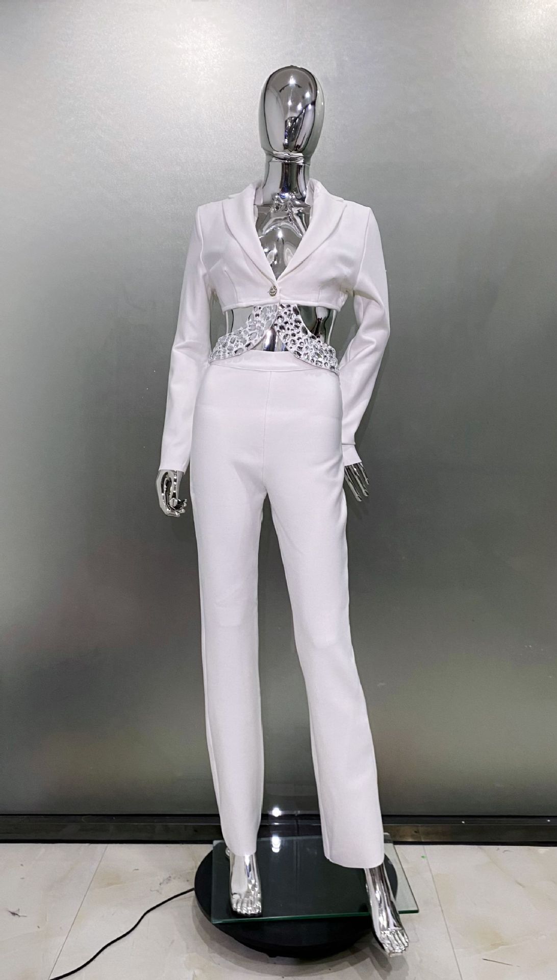 Women's Rhinestone Embellished Bodysuit - Long Sleeve Fitted Jumpsuit