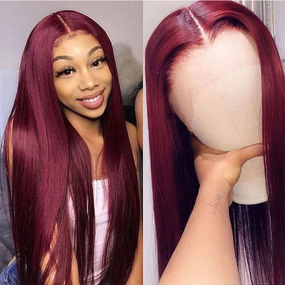Full Headgear Long Straight Front Lace Wig - Real Human Hair Smooth Wine Red