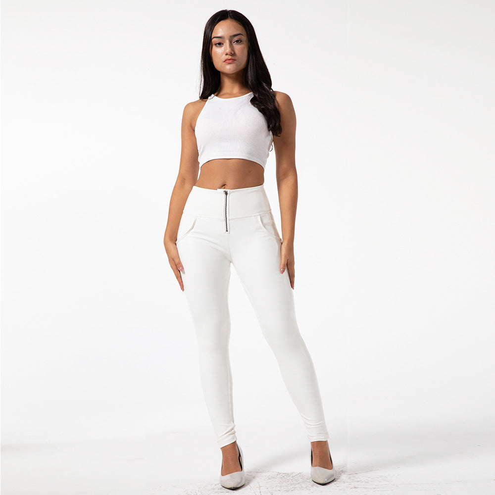 High-Waist Faux Leather Pants - Shiny White Elastic Hip-Lifting Leggings