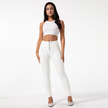 High-Waist Faux Leather Pants - Shiny White Elastic Hip-Lifting Leggings