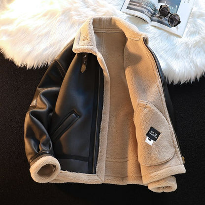 Men's Winter Fleece-Lined PU Leather Jacket with Lamb Wool