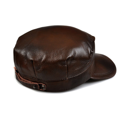 Men's Genuine Leather Octagonal Cap - Premium Cowhide Flat Top Hat
