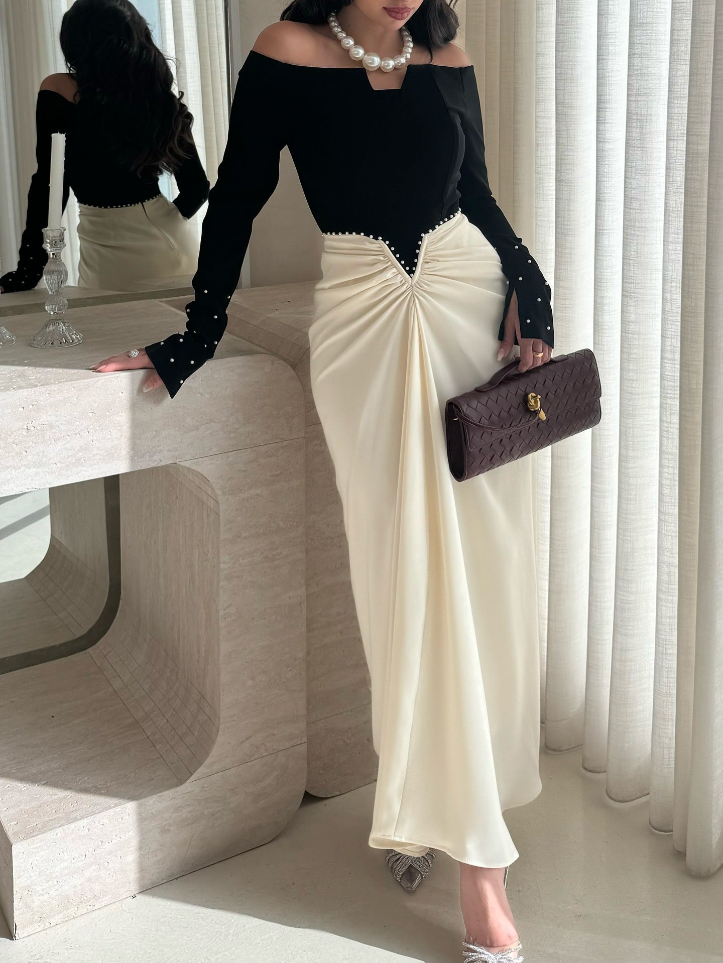 Women's Color-Block Pearl Embellished Sheath Dress – Long Sleeve Mid-Rise Elegant Dress