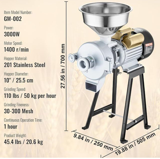 Commercial Grain Mill - 3000W Dry and Wet Corn Grinder for Spices, Coffee, Herbs