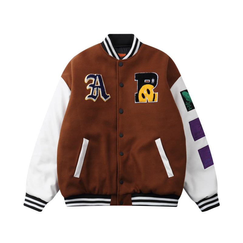 Streetwear Jacket with Smiley Face Flocking Embroidery - Contrast Color Stitching