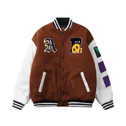 Streetwear Jacket with Smiley Face Flocking Embroidery - Contrast Color Stitching