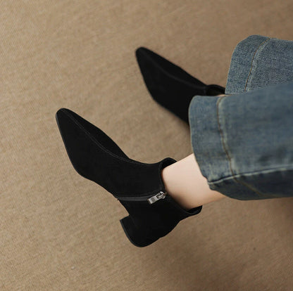 Low Heel Suede Ankle Boots - Women's Cow Suede Boots with Side Zip