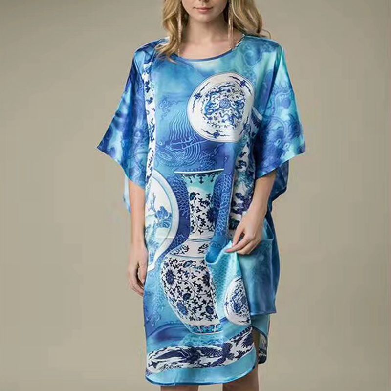 Women's Luxe Silk Bat Sleeve Nightdress - 100% Mulberry Silk Loose Fit Pajama Dress with Inkjet Prints