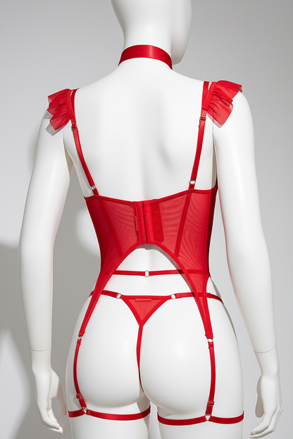 Women's Lace Bow Lingerie Set - Four-Piece Garter Collection with Collar