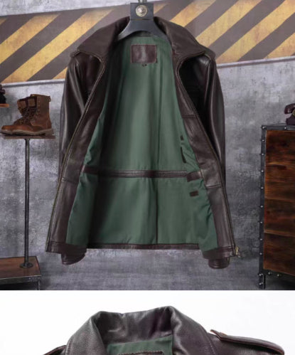 Men's Genuine Cowhide Leather Jacket - Mid-Length Reversible Workwear Jacket