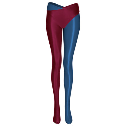 Crossed Two-Color Split-Leg Glossy Pants - Women's High Waist Nylon Leggings