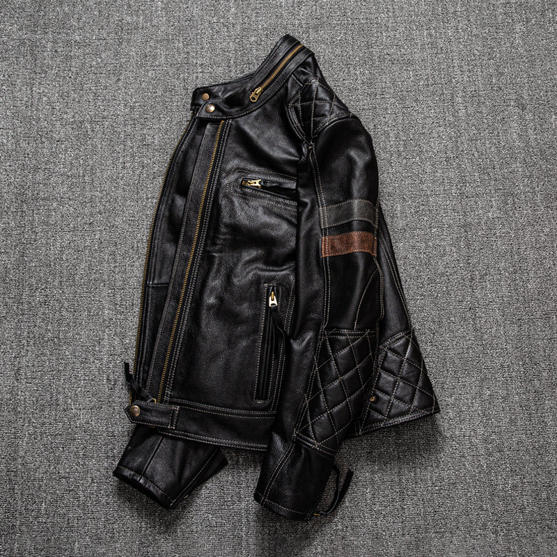 Premium First Layer Cowhide Leather Motorcycle Jacket - Men's Stand Collar Biker Coat