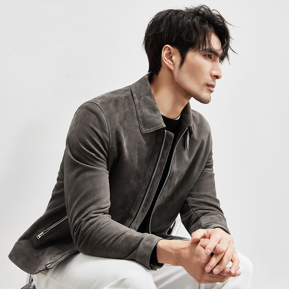 Genuine Sheepskin Suede Leather Jacket - Men's Lambskin Lapel Biker Jacket