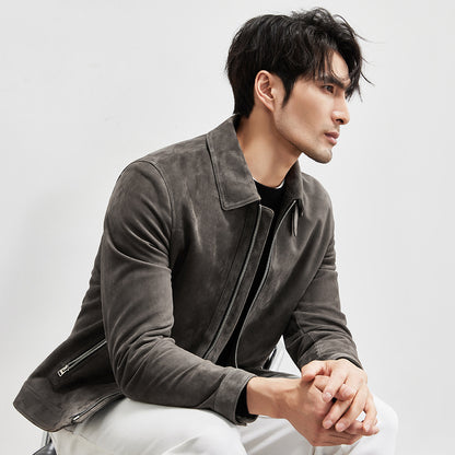 Genuine Sheepskin Suede Leather Jacket - Men's Lambskin Lapel Biker Jacket
