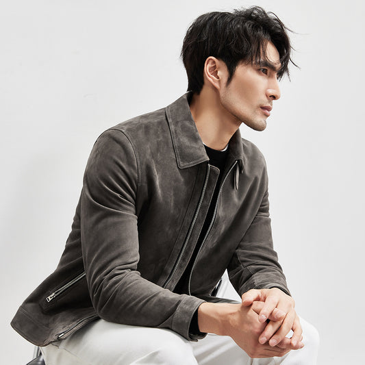 Genuine Sheepskin Suede Leather Jacket - Men's Lambskin Lapel Biker Jacket