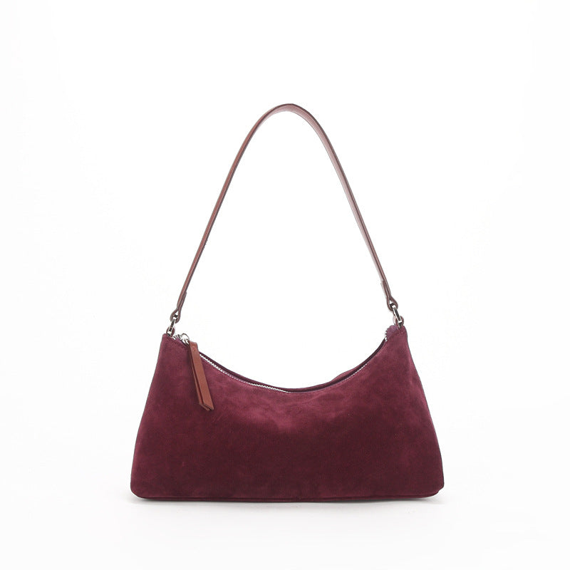 Suede Underarm Baguette Bag - Retro Matte Top-Grain Leather Shoulder Handbag