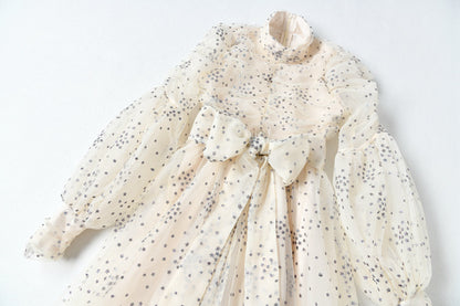 Women's Starlit Mesh Silk Wrap Dress - Shimmering Star Print Evening Dress with Metallic Accents