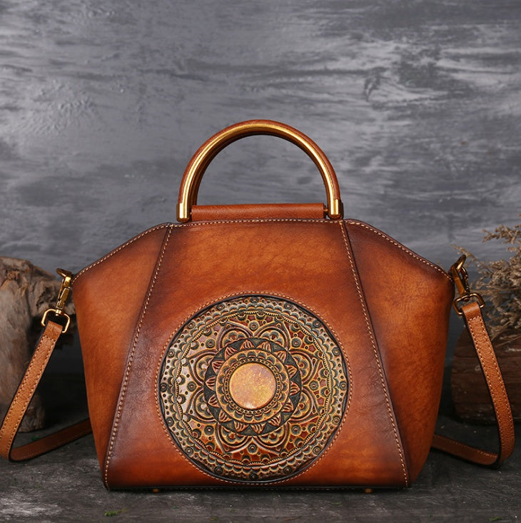 Genuine Leather Embossed Totem Tote Bag - Retro Shoulder Handbag