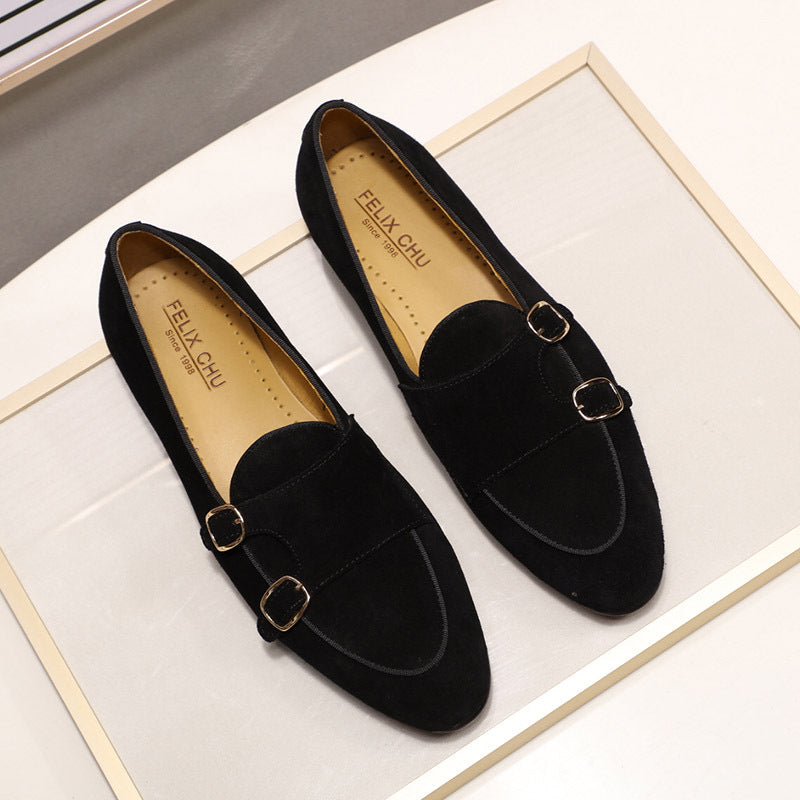 Women's Frosted Cowhide Suede High-End Dress Shoes - Double Monk Strap for Weddings & Formal Events